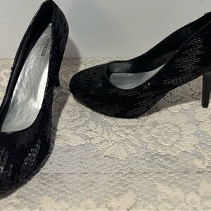 Maurices 8 Black Shimmery Platform Heels Stilettos Formal Prom Night Out Club 4”